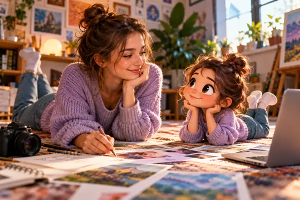 Realistic person beside a miniature cartoon version in a playful studio setting