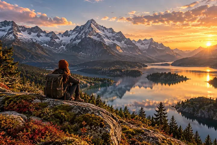 Detailed mountain landscape with clear foliage, reflective water, and soft evening light