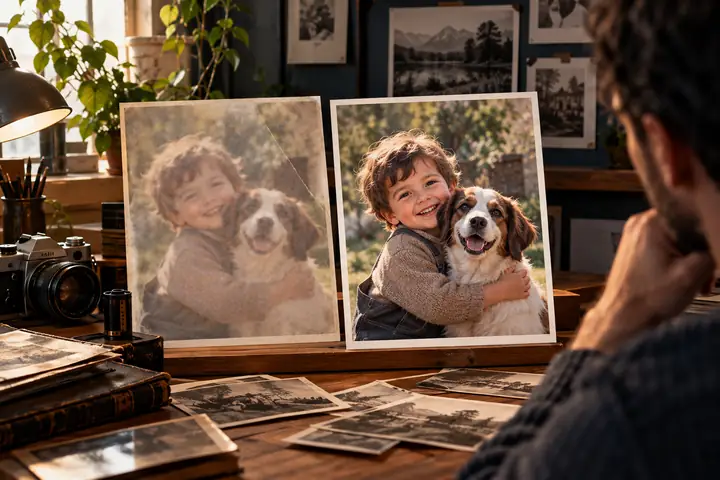Creative workspace showing a photo being restored from a soft original into a clear finished image