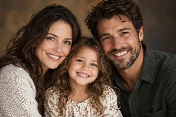Restored close-up family portrait with crisp natural detail and warm studio light