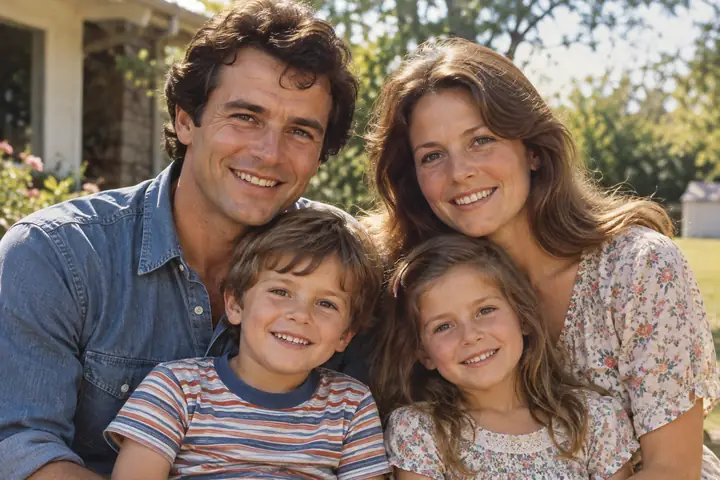 Faded family photograph restored with warm color and recovered facial detail