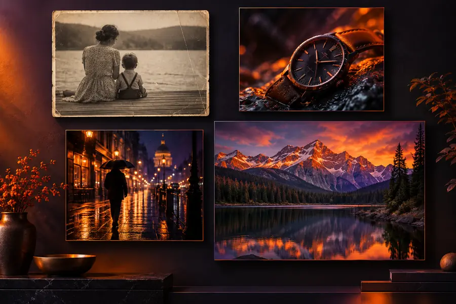 Examples of enhanced photos for portraits, products, and old images